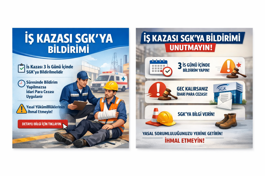 İş Kazası SGK Bildirimi Zorunludur İş kazaları, kazanın meydana geldiği tarihten itibaren 3 iş günü içinde SGK’ya bildirilmelidir. Süresinde yapılmayan bildirimler idari para cezasına ve hukuki sorumluluklara yol açabilir. Yasal yükümlülüklerinizi yerine getirmek ve riskleri önlemek için iş kazası bildirim sürecini gecikmeden tamamlayın.