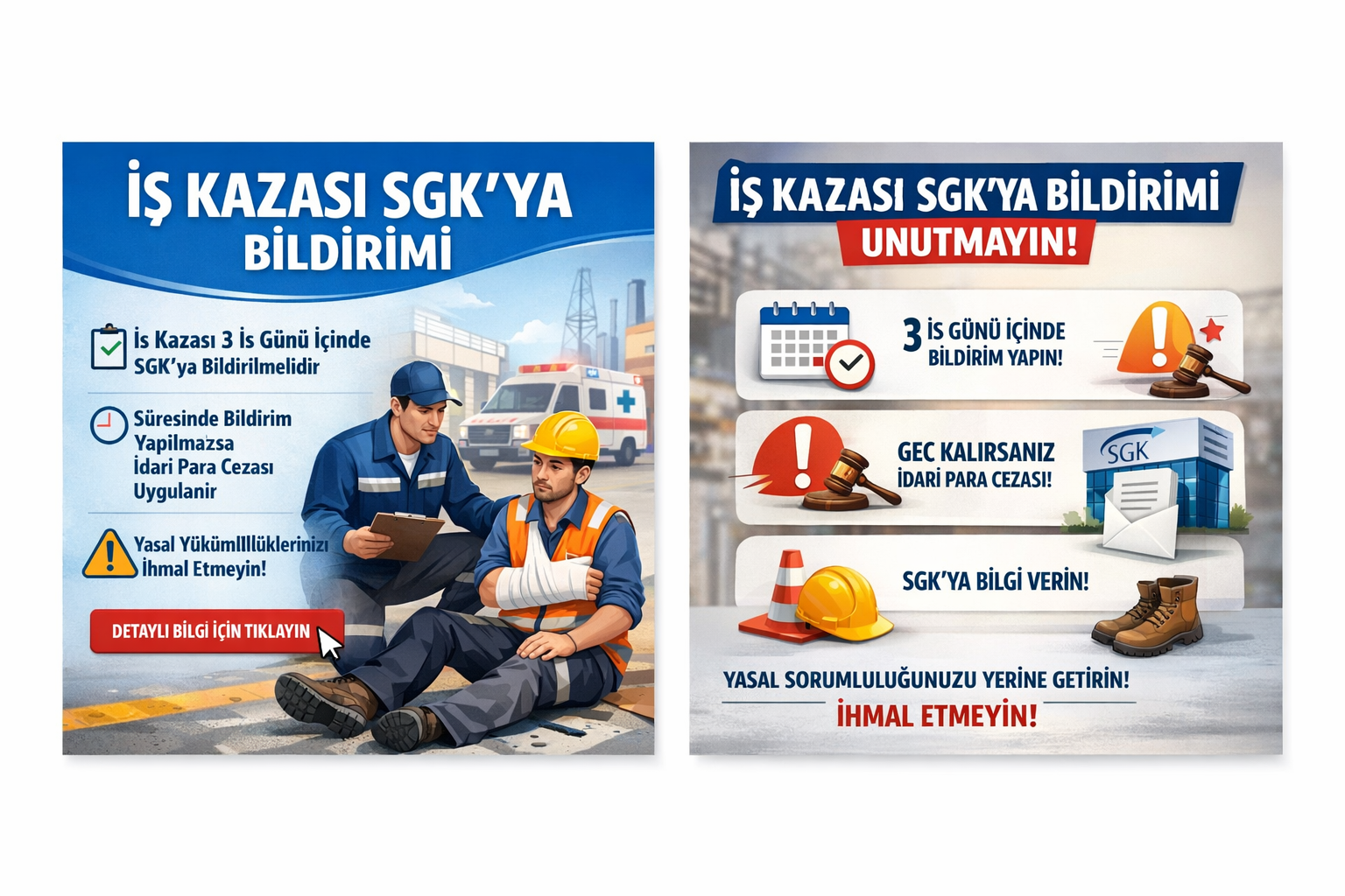 İş Kazası SGK Bildirimi Zorunludur İş kazaları, kazanın meydana geldiği tarihten itibaren 3 iş günü içinde SGK’ya bildirilmelidir. Süresinde yapılmayan bildirimler idari para cezasına ve hukuki sorumluluklara yol açabilir. Yasal yükümlülüklerinizi yerine getirmek ve riskleri önlemek için iş kazası bildirim sürecini gecikmeden tamamlayın.